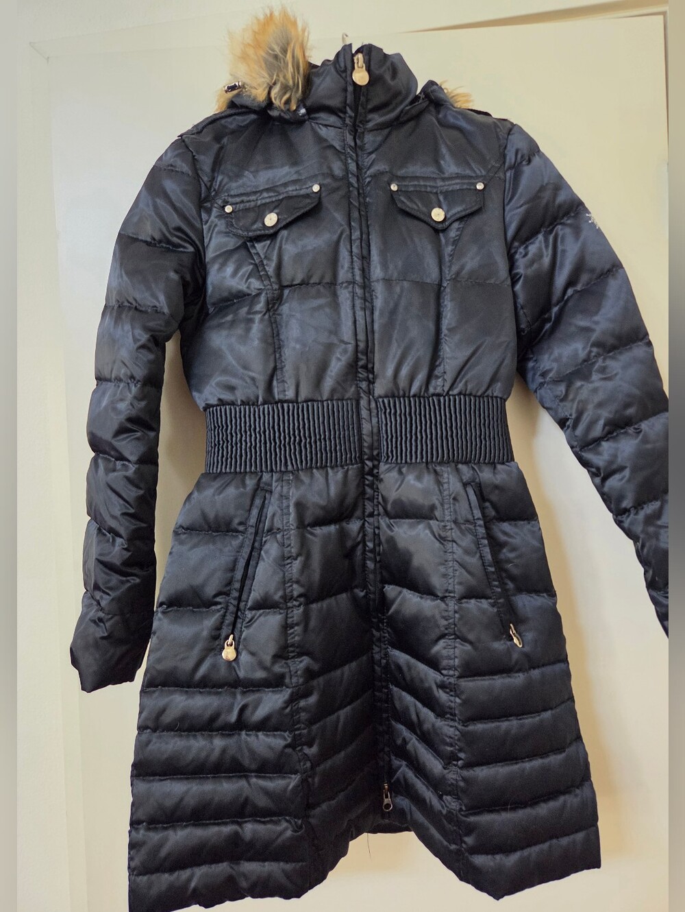 Laundry by Shelli Segal Black Cinch-Waist Puffer Down Coat - Size S